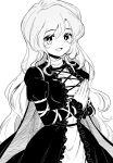  1girl :d breasts cape cleavage dress duplicate frilled_dress frills greyscale hair_between_eyes hijiri_byakuren juliet_sleeves large_breasts layered_dress long_hair long_sleeves looking_at_viewer maguro_(mawaru_sushi) monochrome open_mouth own_hands_together pixel-perfect_duplicate praying puffy_sleeves smile solo touhou turtleneck wavy_hair white_background 