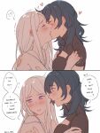  !? 2girls blue_eyes blue_hair blush byleth_(fire_emblem) byleth_(fire_emblem)_(female) closed_eyes ear_blush edelgard_von_hresvelg english_commentary english_text eyebrows_visible_through_hair fire_emblem fire_emblem:_three_houses flying_sweatdrops french_kiss heart highres kiss multiple_girls parted_lips purple_eyes spoken_interrobang startled sweatdrop tongue twitter_username yukari_(bryleluansing) yuri 