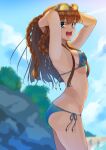  1girl armpits arms_up bangs bikini blue_bikini blue_eyes blue_sky blurry blurry_background braid breasts brown_hair cloud cloudy_sky commentary day depth_of_field eyebrows_visible_through_hair eyewear_on_head frilled_bikini frills from_side grey-framed_eyewear halterneck hands_in_pockets idolmaster idolmaster_million_live! kamille_(vcx68) kousaka_umi long_hair looking_at_viewer medium_breasts navel open_mouth outdoors side-tie_bikini side_braid sky smile solo standing string_bikini sunglasses swimsuit twin_braids 