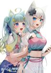  2girls :d absurdres ahoge animal_ear_fluff animal_ears bangs blue_choker blue_eyes blue_hair blue_skirt blunt_bangs blush breasts cat_ears choker collared_shirt crop_top eyebrows_visible_through_hair fang gradient_hair hair_ornament hairclip highres holding holding_another&#039;s_arm holding_phone ihachisu indie_virtual_youtuber lanmewko large_breasts long_hair midriff mizuki_(vtuber) multicolored_hair multiple_girls navel necktie open_mouth phone pink_shirt purple_eyes see-through shirt side-tie_shirt signature silver_hair simple_background skin_fang skirt small_breasts smile star_(symbol) star_hair_ornament stomach swept_bangs white_background 