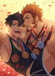  2boys absurdres alternate_costume bara black_shorts blue_eyes brown_hair carrying facial_hair falling_petals fate/grand_order fate_(series) fujimaru_ritsuka_(male) goatee highres long_sideburns male_focus medal mouth_hold multiple_boys napoleon_bonaparte_(fate) pectoral_cleavage pectorals petals princess_carry short_hair shorts sideburns sidepec smile sweat toned toned_male yaosan233 