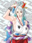  1girl absurdres arm_at_side arm_up armpits blue_hair breasts chain closed_mouth collarbone cuffs curled_horns earrings green_hair hair_lift hair_ornament hair_stick hakama highres horns huge_breasts japanese_clothes jewelry kimono lips long_hair looking_at_viewer mattsun_(lyohei) multicolored_hair multicolored_horns one_piece oni orange_eyes orange_horns red_horns rope shackles shimenawa sideboob sleeveless sleeveless_kimono smile solo unaligned_breasts upper_body very_long_hair white_hair yamato_(one_piece) 