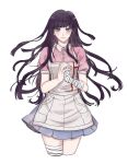  1girl absurdres apron bandaged_arm bandaged_leg bandages bangs black_hair blue_skirt blush brown_eyes closed_mouth cropped_legs danganronpa_(series) danganronpa_2:_goodbye_despair floating_hair grey_apron grey_background highres long_hair looking_at_viewer meishi_jiu_he_xingbingle messy_hair mole mole_under_eye own_hands_together pink_shirt pleated_skirt shirt simple_background skirt solo tsumiki_mikan 