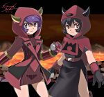  2girls bangs belt belt_buckle black_dress black_gloves black_hair brown_dress buckle capelet closed_mouth commentary_request courtney_(pokemon) dress dual_persona eyebrows_visible_through_hair eyelashes fake_horns gloves hair_between_eyes highres holding holding_poke_ball hood hood_up hooded_capelet horns looking_at_viewer multiple_girls poke_ball poke_ball_(basic) pokemon pokemon_(game) pokemon_oras pokemon_rse purple_eyes purple_hair red_belt red_capelet red_eyes ribbed_dress shiijisu short_hair short_sleeves side_slit signature smile team_magma team_magma_uniform 
