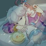  1boy 9no_kabe bangs bede_(pokemon) blush closed_eyes coat commentary_request curly_hair grey_eyes hatenna lying male_focus parted_lips pillow pokemon pokemon_(creature) pokemon_(game) pokemon_swsh purple_coat short_hair sleeping solosis sylveon undershirt watch white_hair wristwatch 