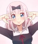  1girl \m/ black_bow black_dress blue_eyes blush bow closed_mouth double_\m/ dress fujiwara_chika hair_bow hands_up highres kaguya-sama_wa_kokurasetai_~tensai-tachi_no_renai_zunousen~ kukie-nyan looking_at_viewer medium_hair neck_ribbon pink_hair red_ribbon ribbon smile solo upper_body 