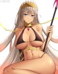  1girl abs absurdres bangs bare_shoulders bikini black_bikini blue_eyes breasts chain cleavage commentary crown dark-skinned_female dark_skin earrings fate/grand_order fate_(series) grey_hair highleg highleg_bikini highres jewelry large_breasts larger_bmx long_hair looking_at_viewer navel neck_ring polearm solo spear swimsuit thighs weapon zenobia_(fate) 