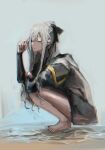  1girl absurdres ak-12_(girls&#039;_frontline) asymmetrical_bangs bangs barefoot closed_eyes closed_mouth commentary dashimaki_(dasimakitama50) full_body girls&#039;_frontline grey_background grey_hair highres jacket long_hair long_sleeves sidelocks simple_background solo squatting water 