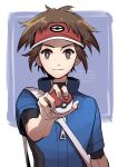  1boy absurdres blue_jacket bodysuit bright_pupils brown_eyes brown_hair commentary_request hand_up highres holding holding_poke_ball jacket male_focus mugiccha2 nate_(pokemon) poke_ball poke_ball_(basic) pokemon pokemon_(game) pokemon_bw2 red_headwear short_hair short_sleeves smile solo strap upper_body visor_cap watermark white_pupils zipper_pull_tab 