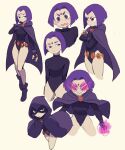  1girl breasts cloak colo_(nagrolaz) colored_skin crossed_arms dc_comics embarrassed forehead_jewel full_body glowing glowing_eyes grey_skin hood hood_up hooded_cloak leotard looking_at_viewer multiple_views purple_eyes purple_hair raven_(dc) sharp_teeth short_hair teen_titans teeth thighs 