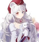  1girl animal_ears arknights bear_ears blue_eyes blush closed_mouth dress elbow_gloves gloves hat heterochromia highres holding holding_stuffed_toy jewelry long_hair looking_at_viewer necklace official_alternate_costume red_eyes red_headwear rosa_(arknights) rosa_(masterpiece)_(arknights) silver_hair simple_background smile solo stuffed_animal stuffed_toy tassel teddy_bear upper_body very_long_hair white_background white_dress white_gloves yiyizi 