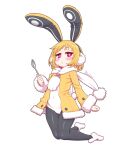  1girl animal_ears artist_name bangs black_legwear blonde_hair blush cardigan commentary covered_navel disgaea earmuffs english_commentary eyebrows_visible_through_hair fake_animal_ears flat_chest full_body fur-trimmed_cardigan fur-trimmed_sleeves fur_trim half-closed_eyes hand_up holding holding_spoon kionant knees_together_feet_apart leotard long_sleeves looking_to_the_side open_cardigan open_clothes open_mouth pantyhose rabbit_ears red_eyes scarf shiny shiny_clothes shiny_hair shoes short_hair sidelocks signature simple_background solo spoon usalia_(disgaea) white_background white_footwear white_leotard white_scarf yellow_cardigan 