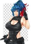  1girl abs alternate_costume belt black_gloves blue_eyes blue_hair breasts earrings gloves highres jewelry large_breasts leona_heidern multicolored_hair muscular muscular_female ponytail sk_(sk-g) solo the_king_of_fighters triangle_earrings web_address 