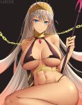  1girl abs absurdres areola_slip areolae bangs bare_shoulders bikini black_bikini blue_eyes breasts chain cleavage commentary crown dark-skinned_female dark_skin earrings fate/grand_order fate_(series) grey_hair highleg highleg_bikini highres jewelry large_breasts larger_bmx long_hair looking_at_viewer navel neck_ring polearm solo spear swimsuit thighs weapon zenobia_(fate) 