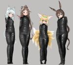  4girls absurdres ahoge amiya_(arknights) animal_ear_fluff animal_ears arknights bangs blonde_hair blue_eyes blue_hairband bound braid breasts cat_ears cat_tail commentary_request eyebrows_visible_through_hair eyjafjalla_(arknights) fox_ears fox_tail full_body grey_background grey_eyes hair_rings hairband highres horns long_hair looking_at_viewer medium_breasts multiple_girls multiple_tails mummification parted_lips rabbit_ears rosmontis_(arknights) seirein_(rikuesuto_teishichuu) sheep_ears sheep_horns silver_hair simple_background standing suzuran_(arknights) tail very_long_hair yellow_eyes 