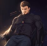  1boy alternate_facial_hair bara beard black_shirt brown_hair bulge chris_redfield come_hither covered_abs covered_nipples denim facial_hair from_below highres jacket jeans jewelry large_pectorals looking_at_viewer male_focus mature_male muscular muscular_male mustache necklace open_clothes open_jacket pants pectorals resident_evil resident_evil_5 seductive_smile shirt short_hair sideburns smile solo taut_clothes taut_shirt thick_thighs thighs undressing yaosan233 
