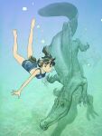  1girl air_bubble bare_arms barefoot brown_eyes brown_hair bubble closed_mouth commentary dinosaur freediving full_body highres holding_breath looking_at_viewer midriff original prehistoric_animal sekiguchi_taro shorts smile spinosaurus sports_bra swimming traditional_media twintails underwater 