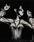  1girl black_background blouse commentary english_commentary greyscale hair_over_mouth hands_up highres instagram_username loen long_sleeves looking_at_viewer monochrome original plunging_neckline solo twitter_username upper_body 