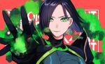  1girl absurdres black_hair bodysuit commentary_request eyeshadow floating_hair green_bodysuit green_eyes grey_eyeshadow hair_behind_ear highres looking_at_viewer makeup mashiro_(rikuya) open_hand parted_lips portrait red_background short_hair smirk smoke solo valorant viper_(valorant) 