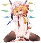  1girl ^^^ arm_support ascot ascot_between_breasts bangs bar_censor black_legwear blonde_hair blush bottomless breasts censored clitoral_hood commentary_request crystal dildo dildo_riding eyebrows_visible_through_hair flandre_scarlet grabbing_own_breast hair_between_eyes hat heart highres koyashaka light_particles looking_down mob_cap navel nipples one_side_up open_clothes open_vest parted_lips puffy_short_sleeves puffy_sleeves pussy pussy_juice red_eyes red_vest sex_toy short_hair short_sleeves simple_background skindentation small_breasts solo squatting sweat thighhighs touhou vest white_background white_headwear wing_collar wings yellow_ascot 