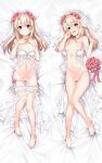  1girl bangs blonde_hair blush bouquet bra breasts bridal_veil collarbone dakimakura_(medium) fate/kaleid_liner_prisma_illya fate_(series) flower full_body hair_between_eyes hair_flower hair_ornament illyasviel_von_einzbern long_hair looking_at_viewer multiple_views navel nipples open_mouth pussy red_eyes senbon_tsuki sidelocks small_breasts smile thighs underwear veil white_bra 