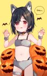  1girl :d animal animal_ear_fluff animal_ears bangs bare_shoulders bat bell bikini black_choker black_hair choker commentary cowboy_shot eyebrows_visible_through_hair eyes_visible_through_hair fang fur_bikini gao grey_bikini hair_over_one_eye hands_up highres jack-o&#039;-lantern jingle_bell looking_at_viewer meito_(maze) navel neck_bell original red_eyes simple_background smile solo standing swimsuit symbol-only_commentary tail yellow_background 