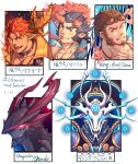  5boys bara beard blush broken_horn brown_hair bubble_tea cardfight!!_vanguard crossover dark-skinned_male dark_blue_hair dark_skin demon_boy demon_horns dragalia_lost eyewear_on_head facial_hair fang fiery_horns gau_(king&#039;s_raid) glowing glowing_eye grin highres horns ifrit_(housamo) king&#039;s_raid long_sideburns looking_at_viewer male_focus mature_male mouth_hold multiple_boys multiple_crossover muscular muscular_male one_eye_closed pectoral_cleavage pectorals pointy_ears red_hair shinobi_(dragalia_lost) shiranui_oboro short_hair sideburns six_fanarts_challenge smile spiked_hair stubble sunglasses takemaru_(housamo) thick_eyebrows tokyo_afterschool_summoners yaosan233 