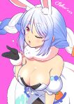  1girl :o alternate_breast_size animal_ear_fluff animal_ears black_bra black_gloves blowing_kiss blue_hair blush bra braid breasts bunny-shaped_pupils catchphrase detached_sleeves dress gloves hand_up heart highres hololive large_breasts multicolored_hair one_eye_closed parted_lips pink_background puffy_detached_sleeves puffy_short_sleeves puffy_sleeves rabbit_ears red_eyes sabaku_chitai short_sleeves simple_background solo symbol-shaped_pupils twin_braids two-tone_hair underwear usada_pekora virtual_youtuber white_dress white_hair 