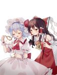  2girls ascot bangs bare_shoulders blue_hair blush bow breasts brown_eyes brown_hair closed_eyes collar collared_dress cup detached_sleeves dress eyebrows_visible_through_hair frills gohei hair_between_eyes hair_ornament hair_tubes hakurei_reimu hand_up hands_up hat hat_ribbon highres kettle long_sleeves looking_at_another medium_breasts medium_hair mob_cap multiple_girls open_mouth pink_dress pink_sleeves puffy_short_sleeves puffy_sleeves red_ascot red_bow red_dress red_ribbon remilia_scarlet ribbon short_hair short_sleeves simple_background smile sorani_(kaeru0768) standing tea touhou white_background white_headwear wide_sleeves wrist_cuffs yellow_ascot 