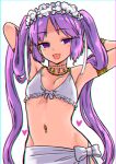  1girl :d armlet arms_behind_head bikini blush bow breasts chromatic_aberration cowboy_shot fate/grand_order fate_(series) frilled_bikini frills gold_bracelet hairband jewelry long_hair navel navel_piercing necklace open_mouth piercing purple_eyes purple_hair sabaku_chitai sarong simple_background small_breasts smile solo stheno_(fate) swimsuit very_long_hair white_background white_bikini white_bow 