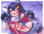  1girl animal_ear_fluff animal_ears animal_hands bangs black_hair blush border breasts cape collared_shirt commentary_request cowboy_shot crop_top deaver eyebrows_visible_through_hair fang gloves grey_shirt grey_shorts hair_between_eyes hair_ornament hairclip highres hololive long_hair looking_at_viewer medium_breasts moon multicolored_hair navel one_eye_closed ookami_mio open_mouth paw_gloves red_cape red_eyes red_hair shirt short_shorts shorts skin_fang sleeveless sleeveless_shirt solo stomach tail tail_around_leg tail_wrap virtual_youtuber wolf_ears wolf_girl wolf_tail 