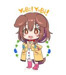  1girl :d animal_ears blush_stickers bone_hair_ornament braid bright_pupils brown_eyes brown_hair catchphrase chibi dog_ears dog_tail dress eating fang food food_on_face hair_ornament hololive inugami_korone jacket long_sleeves loose_socks pink_legwear sabaku_chitai simple_background sleeves_past_fingers sleeves_past_wrists smile socks standing tail toast twin_braids virtual_youtuber white_background white_dress white_pupils yellow_jacket yubi_yubi_(inugami_korone) 