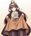  1girl ahoge black_legwear brown_hair clothes_lift coat coat_on_shoulders double_bun hairband headgear highres kantai_collection kongou_(kancolle) lifted_by_self long_hair long_skirt official_alternate_costume orange_skirt pantyhose purple_eyes skirt skirt_lift smile solo tights_day tk8d32 