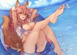  1girl air_bubble animal_ear_fluff animal_ears armpits bangs barefoot bikini bubble cloud collarbone day fate/grand_order fate_(series) feet fox_ears fox_girl fox_tail full_body hair_between_eyes halterneck hands_up highres long_hair looking_at_viewer messy_hair open_mouth side-tie_bikini sidelocks sky solo string_bikini swimsuit tail tamamo_(fate) tamamo_no_mae_(swimsuit_lancer)_(fate) thighs water yok01 