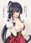  1girl alternate_costume black_hair blush breasts brown_eyes cleavage collarbone eyebrows_visible_through_hair gloves grey_background hair_between_eyes hand_on_hip ichinomiya_(blantte) kantai_collection long_hair medium_breasts open_mouth ponytail puffy_short_sleeves puffy_sleeves short_sleeves simple_background solo translation_request upper_body white_gloves yahagi_(kancolle) 