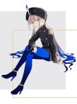  arm_support bangs black_headwear blue_hair blue_legwear buttons commentary_request crossed_legs double-breasted eyebrows_visible_through_hair fate/grand_order fate_(series) from_side gender_request gradient_hair grey_background high_heels highres long_hair long_sleeves looking_at_viewer multicolored_hair nemo_(fate) nonono pantyhose shiny shiny_hair shorts sitting turban twintails two-tone_background white_background 