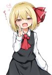  1girl :d ascot bangs black_dress blonde_hair blush collared_shirt commentary cowboy_shot dress eyebrows_visible_through_hair fang hair_ribbon half-closed_eyes heart highres looking_at_viewer open_mouth pov_bullying red_ascot red_eyes red_ribbon ribbon rumia shirt short_hair skin_fang smile solo standing suwa_yasai touhou translated white_background white_shirt youkai 