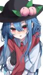  1girl absurdres ascot bangs black_headwear blue_hair blush bright_pupils commentary eyebrows_behind_hair eyebrows_visible_through_hair food fruit hair_between_eyes hat highres hinanawi_tenshi long_hair long_sleeves looking_at_viewer necktie open_mouth peach red_ascot red_eyes red_necktie red_scarf scarf shirt short_hair simple_background solo touhou tsune_(tune) uneven_eyes upper_body white_background white_shirt 