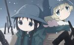  2girls absurdres black_hair blonde_hair blue_eyes chito_(shoujo_shuumatsu_ryokou) closed_mouth coat commentary english_commentary green_coat helmet highres kukie-nyan long_hair low_twintails multiple_girls shoujo_shuumatsu_ryokou snow snowing tareme twintails yuuri_(shoujo_shuumatsu_ryokou) 