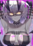  1girl absurdres armpits arms_behind_head arms_up bangs bare_shoulders black_dress breasts choker cleavage collarbone colored_skin detached_sleeves dress fate/grand_order fate_(series) glasses grey_hair grey_skin highres horns jacques_de_molay_(foreigner)_(fate) katsuki_kazutsuki large_breasts looking_at_viewer short_hair smile solo yellow_eyes 