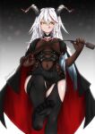  1girl :q absurdres aegir_(azur_lane) artist_name azur_lane black_cape bodystocking breast_curtains breasts brown_gloves cape covered_navel cross cross-laced_clothes cross_earrings demon_horns earrings elbow_gloves from_below gloves gradient gradient_background grey_background highres holding holding_whip horns iron_cross jewelry large_breasts long_hair looking_at_viewer looking_down multicolored_hair red_hair simple_background skin_tight solo streaked_hair tongue tongue_out two-tone_hair underbust white_hair wunahori yellow_eyes 