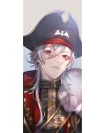  1boy bangs black_headwear ear_piercing expressionless fur_trim grey_hair hair_between_eyes hat head_tilt jacket kuzuha_(nijisanji) male_focus mole mole_under_eye nijisanji piercing pillarboxed pirate_hat pointy_ears portrait red_eyes red_jacket solo virtual_youtuber yori_(pipoot801) 