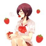  1girl bangs blush bow bowtie brown_hair collarbone commentary_request food_in_mouth food_print grey_background grey_shirt hair_over_one_eye holding kirishima_touka knees_up low_twintails mouth_hold profile red_bow red_bowtie school_uniform shirt short_hair short_sleeves simple_background sitting strawberry_print tokyo_ghoul toukaairab twintails 