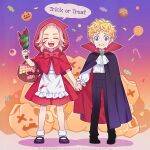  2boys :d ascot basket black_cloak black_footwear black_pants blonde_hair blood blood_on_face blue_eyes bottle broken_bottle capelet cloak closed_eyes cosplay crying crying_with_eyes_open dress frown full_body hanagaki_takemichi holding holding_bottle holding_hands jack-o&#039;-lantern little_red_riding_hood little_red_riding_hood_(grimm) little_red_riding_hood_(grimm)_(cosplay) long_sleeves looking_at_viewer male_focus multiple_boys nightcat open_mouth pants red_capelet red_dress sano_manjirou shirt shoes smile speech_bubble standing tears tokyo_revengers trick_or_treat twitter_username vampire_costume white_ascot white_shirt 