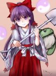  1girl animal_ears bangs belt bow closed_mouth explosive eyebrows_visible_through_hair genjii_(touhou) hair_ornament hair_tubes hakurei_reimu hakurei_reimu_(pc-98) long_hair long_sleeves looking_at_another looking_down mine_(weapon) orange_background purple_eyes purple_hair red_bow red_skirt riria_(liry_a_flower) shirt shovel simple_background skirt smile standing touhou touhou_(pc-98) turtle weapon white_belt white_bow white_shirt wide_sleeves 