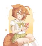  1girl ahoge animal_ears bow bowtie bracelet brown_hair cellphone commentary crying dog_ears dog_girl dog_tail english_commentary green_bow green_bowtie green_eyes green_skirt holding holding_phone jewelry kneehighs kuzel_(bonolangje) looking_at_phone open_mouth phone pleated_skirt puffy_short_sleeves puffy_sleeves sailor_collar school_uniform serafuku shirt short_hair short_sleeves sitting skirt smartphone solo tail tears white_background white_legwear white_sailor_collar white_shirt yellow_background 