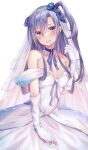  1girl absurdres bangs bare_shoulders blue_flower blue_hair blue_ribbon blush breasts bridal_veil cleavage collarbone dress elbow_gloves flower frills gloves hair_between_eyes hair_flower hair_ornament highres kazanari_tsubasa long_hair looking_at_viewer neck_ribbon one_side_up open_mouth purple_eyes ribbon senki_zesshou_symphogear simple_background small_breasts solo veil wedding_dress white_background white_dress white_gloves yuunamida_uyu 