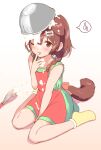  1girl :p animal_ears apron blush bone_hair_ornament bowl braid brown_eyes brown_hair cream cream_on_face dog_ears dog_tail dress food food_on_face green_dress hair_ornament highres hololive inugami_korone one_eye_closed red_apron sabaku_chitai short_dress sitting smile socks solo spoken_sweatdrop sweatdrop tail tongue tongue_out twin_braids virtual_youtuber wariza whisk white_background yellow_legwear 