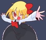  1girl ascot black_dress blonde_hair collared_shirt dress grey_background hair_ribbon highres one_eye_closed op_na_yarou outstretched_arms pinafore_dress red_ascot red_eyes red_ribbon ribbon rumia shirt short_hair simple_background smile solo spread_arms touhou white_shirt 