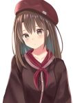  1girl beret breasts brown_eyes brown_hair brown_jacket closed_mouth collarbone commentary hat highres jacket long_hair looking_at_viewer natsuki_(natukituki) neckerchief original red_headwear red_neckerchief simple_background small_breasts solo upper_body white_background 